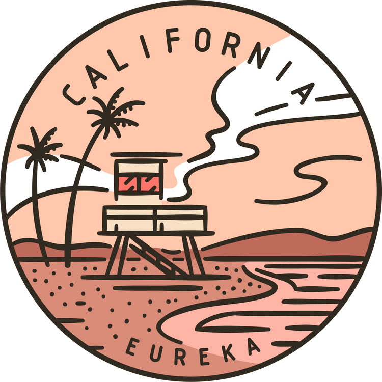 Vintage vector round label. California Beach Ocean.